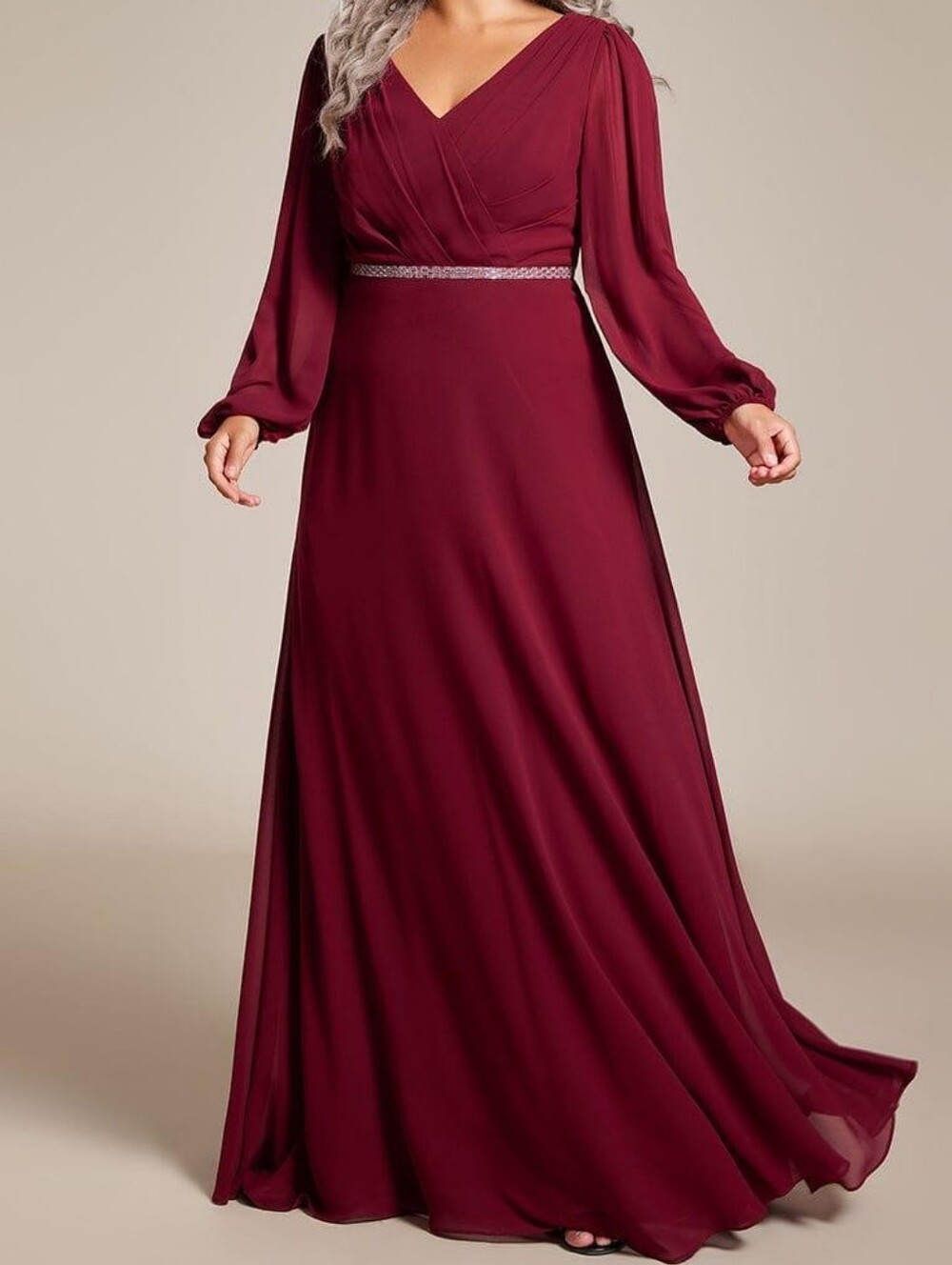 2XL (US 12) Ever Pretty Esmée Burgundy Chiffon LS Surplice Gown w Crystal Waist